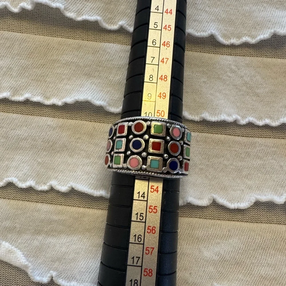Vintage Enameled MultiColor Sterling Silver Wide Band Ring 925 Sz 6 Tribal Inlay